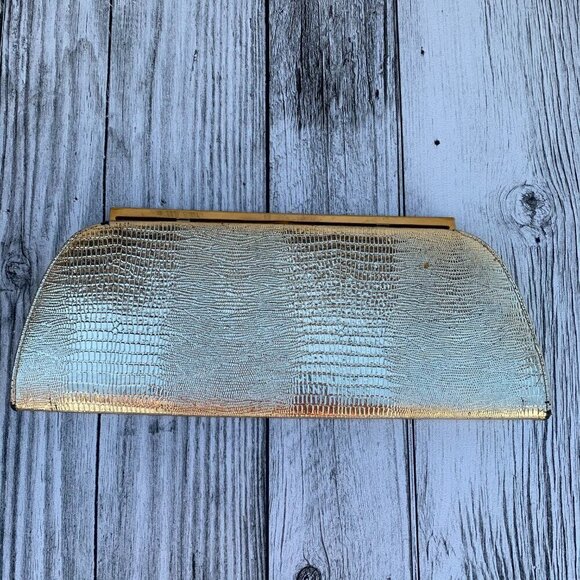 Vintage Gold Metallic Croc Embossed Clutch Handbag - Picture 2 of 12